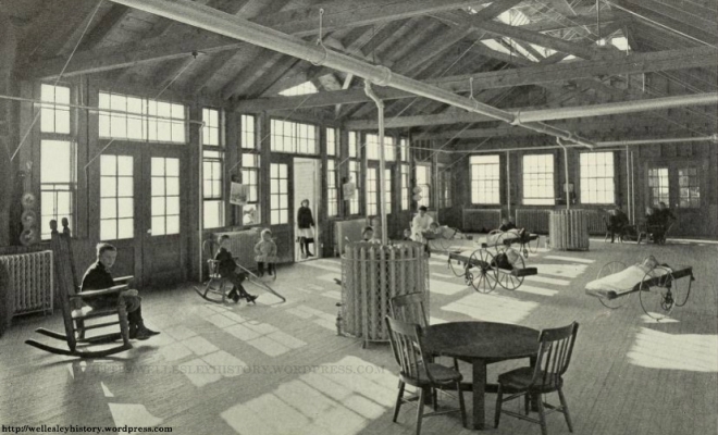 Playroom inside open-air shack  Source: Annual Report of the Convalescent Home (1905)