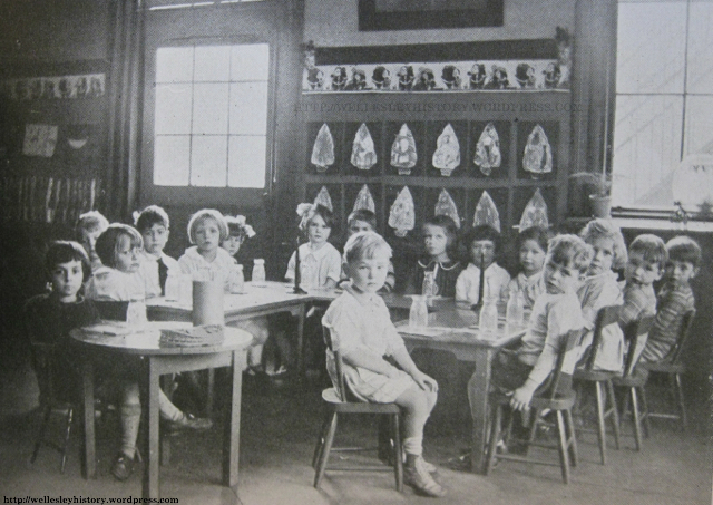 Snack time in kindergarten classroom at the 1893 Hunnewell School  (Source: 1930 Annual Town Report)